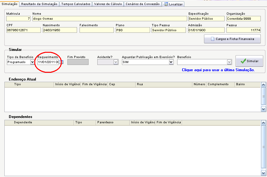 2.2.3. Simulação de Benefícios É possível simular Benefícios Programados e de Risco, para todos os servidores que tiverem sido feita a verificação anterior.