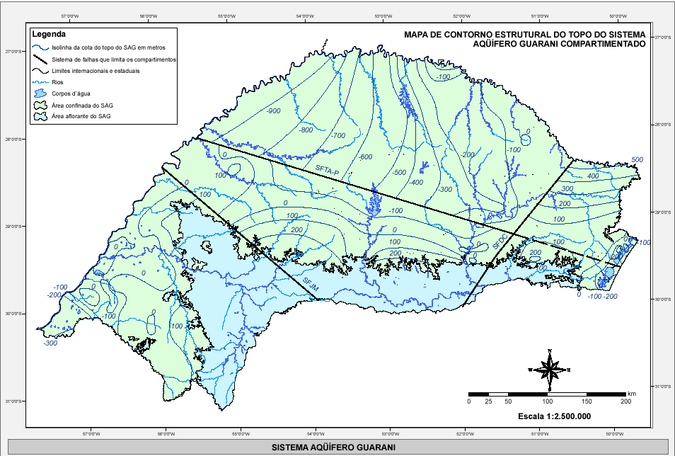 do topo do Sistema Aquífero Guarani, que corresponde à unidade hidroestratigráfica Botucatu pode ser visualizado na Fig. 7 (Machado, 2005). Nela podem ser obtidas vazões superiores a 500 m 3 /h.