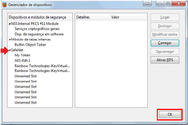 A opção SafeNet passará a ser exibida na lista à esquerda da janela.