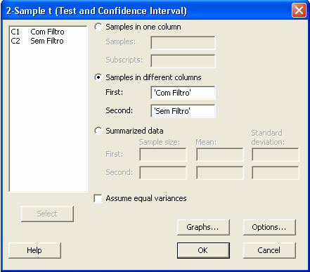 Usando o Minitab: Selecione Stat Basic Statistics 2-Sample t Janela 2-Sample t: Selecione Samples in different columns (amostras em colunas diferentes) e escolha as colunas para First (primeira