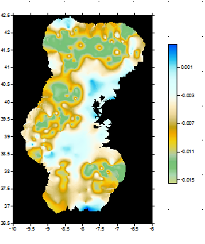 Figura 35 - Diferenças em metros da longitude entre Datum Lisboa para WGS84 (método: Kriging, variograma linear, pontos: 1ª e 2ª ordem, espaçamento: 0.05, raio de busca: 0.