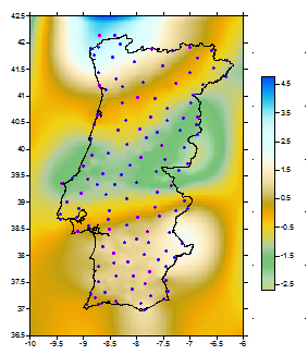 Figura 42 - Interpolação do resíduo em X (método: Curvatura Mínima, pontos: 1ª e 2ª ordem, espaçamento: 0.