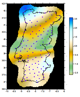 Figura 60 - Interpolação do resíduo em X (método: Kriging, variograma: EXPONENCIAL e anisotropia 30º, pontos: 1ª e 2ª ordem, espaçamento: 0.