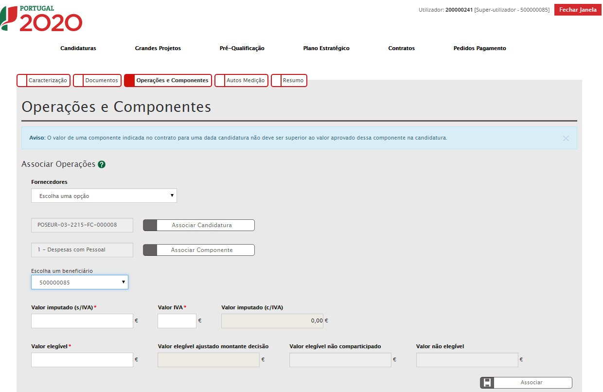 Figura 18 Inserir Contratos Operações e Componentes: Beneficiário Valor Imputado (s/iva) / Valor IVA / Valor Imputado (c/iva): Valor do Contrato que respeita à sua contribuição para a realização da