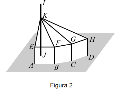 A figura representa uma parte dessa armação. Os pontos A, B, C e D são alguns dos vértices de um polígono regular, contido no plano do chão da tenda.