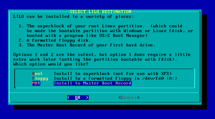 Responda não à questão seguinte, tal como aconselhado pelo Setup do Slackware. Para acabar a instalação do LILO somente resta escolher onde instalar o LILO.