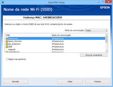 18. Se você vir esta tela, aguarde enquanto o seu sistema busca pelo nome da sua rede (SSID), depois selecione o SSID na lista exibida e clique em Próximo.