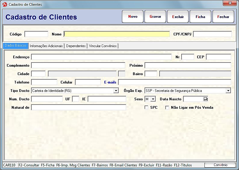 2. CADASTRO DE CLIENTES A tela atual apresenta alguns campos para lançamento de informações dos dados cadastrais, tais como endereço, identificação e também o convênio que o cliente pertence (figura