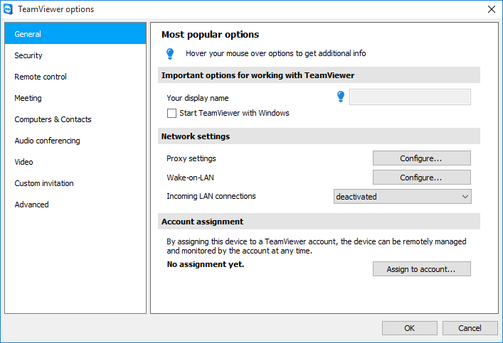 13 Opções A categoria Geral oferece as opções básicas. Opções importantes para trabalhar com o TeamViewer Seu nome de exibição Iniciar o TeamViewer com Windows Insira seu nome ou nome da empresa aqui.