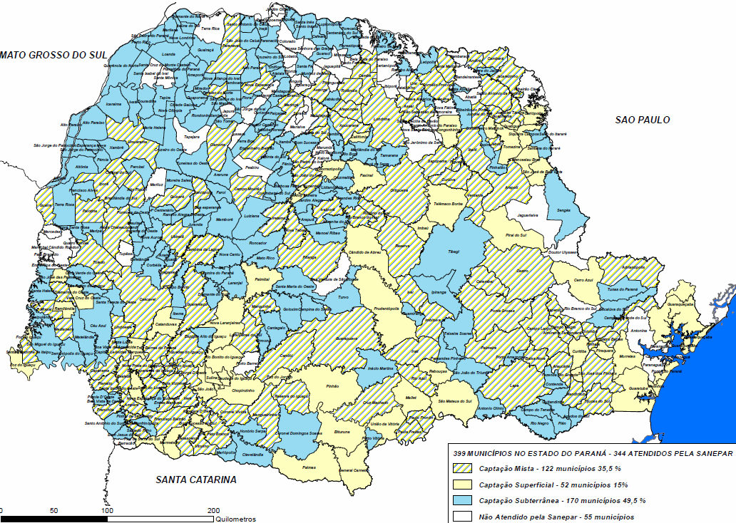 1.1 - Localização da Área A SANEPAR atua em 344 dos 399 municípios do Estado do Paraná. Destes, 173 municípios são abastecidos exclusivamente com águas subterrâneas.