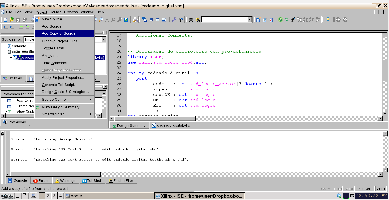 Adicionar ao projecto um ficheiro VHDL existente