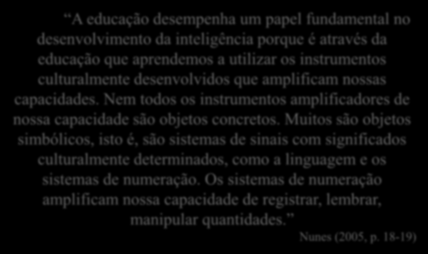 A educação desempenha um papel fundamental no desenvolvimento da inteligência porque é através da educação que aprendemos a utilizar os instrumentos culturalmente desenvolvidos que amplificam nossas