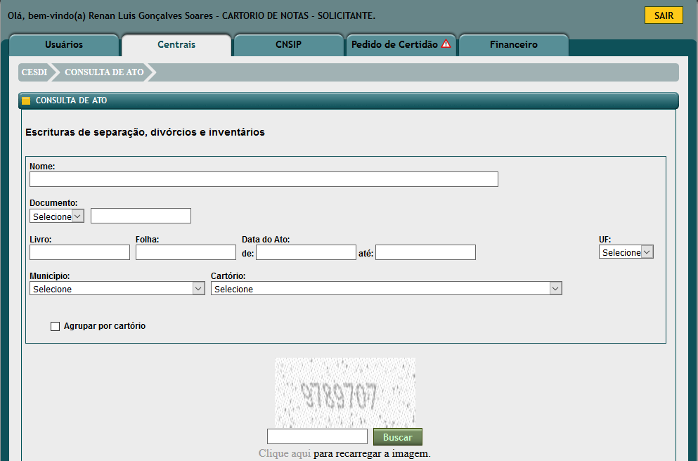 27 2.3.3. Solicitar certidões digitalizadas na central CESDI Para solicitar certidões na central CESDI é necessário acessar o seguinte caminho: Centrais -> CESDI -> Consulta ato.