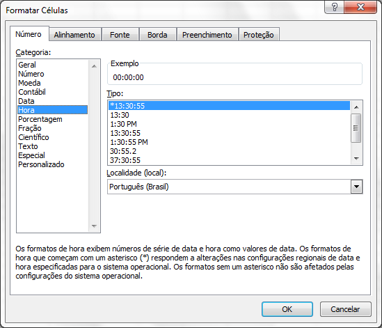 Figura 3.16 Opções de formatação para Hora. Temos várias opções para o formato de horas. É importante observar que no Brasil utilizamos o relógio de 24 horas, em que o formato padrão é: hh:mm:ss.