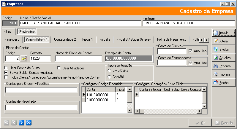 Então no cadastro da empresa deverá conter um código de plano de plano de contas diferente do contábil.