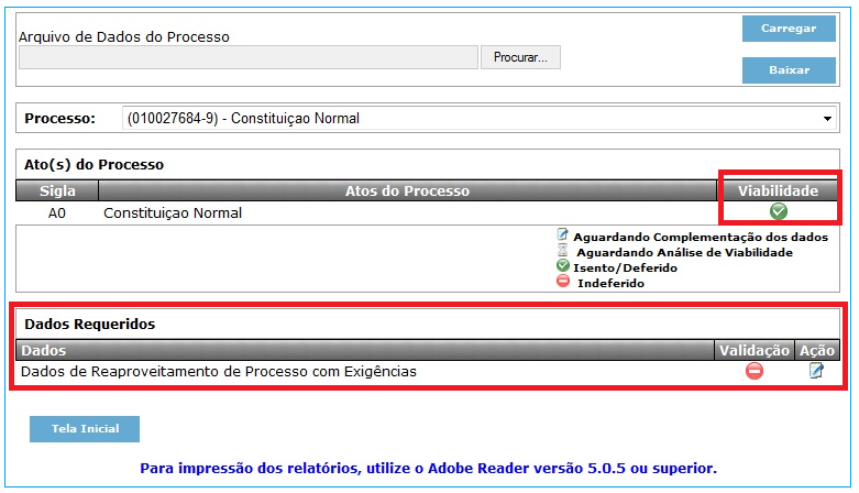 O usuário deverá consultar se o município já analisou seu pedido de Viabilidade através do ícone Consulta de Processo.