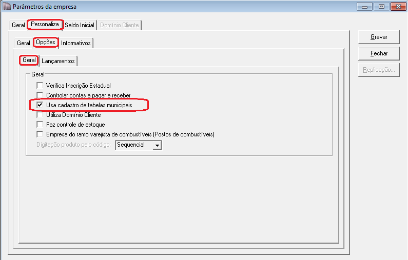 3- Configuração para uso de tabelas municipais: a) Acesse o menu Controle submenu Parâmetros, vá até a guia