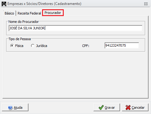Caso o sócio seja representado por um procurador, este deve ser cadastrado na aba Procurador, informando o