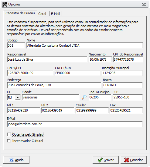 PHD Cadastro de Bureau. PHD > Ferramentas > Opções > aba Cadastro de Bureau.