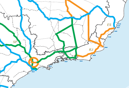 CODE-43 Corredores Ferroviários Atuais Rio de Janeiro Santos Características: Extensão: 399 km Bitola Larga Alta tonelada/eixo (TR-57/68) Raios e rampas adequados à norma Velocidade média: 19 km/h