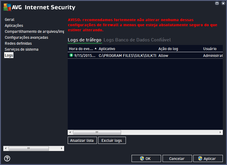 12.7. Log do firewall Esta caixa de diálogo foi planejada para a configuração por um especialista e recomendamos não alterar nenhuma das configurações, a menos que você esteja absolutamente seguro