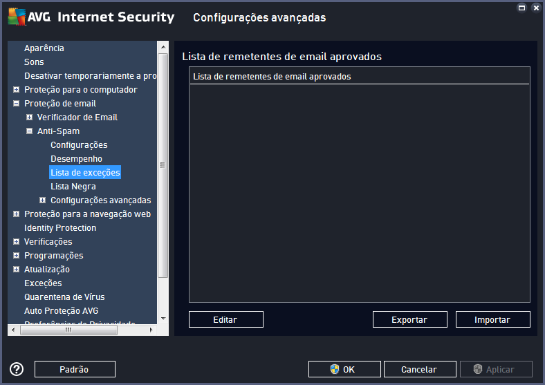 Na interface de edição, você pode compilar uma lista dos remetentes sobre os quais tem certeza de que não enviarão mensagens indesejáveis (spam).