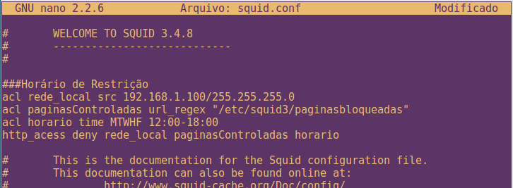 Criando arquivo com lista de páginas web bloqueadas Copia de segurança do arquivo squid.conf e configuração do mesmo Explicando: Uma acl de nome rede_local cuja origem é minha rede interna.