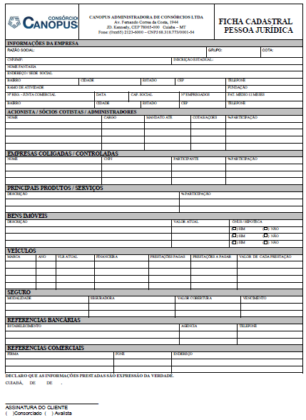 Cliente: PESSOA JURIDICA - Ficha Cadastral: preencher completo e o sócio-gerente assinar (Não precisa reconhecer firma da assinatura); - Se Empresa: Contrato Social Consolidado, ou Contrato Social e