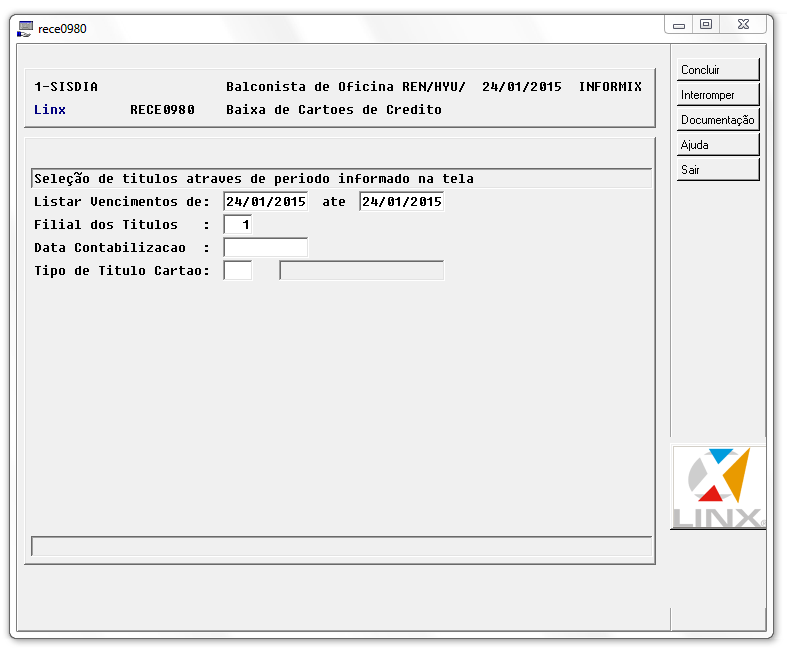 Estarão disponíveis os seguintes campos na tela: Lista Vencimentos de / até: O sistema preencherá este campo com a data corrente sendo que o mesmo poderá ser alterado com a data desejada.