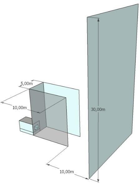 PRISMA 1 com EDIFÍCIO 3 Figura 40: Modelo tridimensional com obstrução prisma 1 com edifício 3. Figura 41: Modelo com obstrução prisma 1 com edifício 3 em planta.