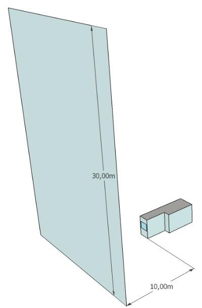 PRISMA 3 com EDIFÍCIO 3 Figura 52: Modelo tridimensional com obstrução prisma 3 com edifício 3. Figura 53: Modelo com obstrução prisma 3 com edifício 3 em planta.