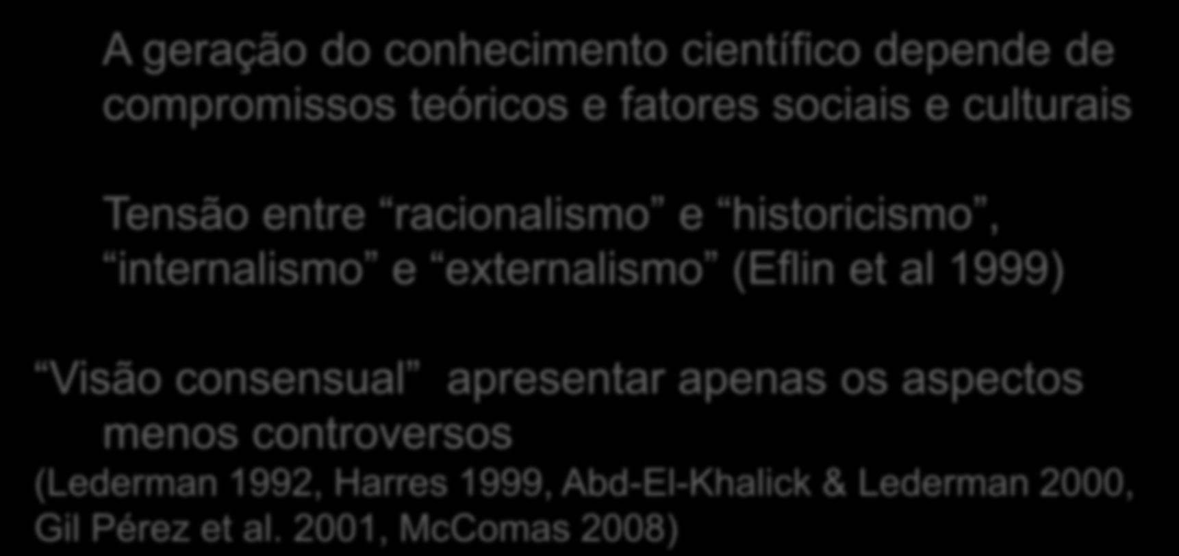 A visão consensual da NdC A geração do conhecimento científico depende de compromissos teóricos e fatores sociais e culturais Tensão entre racionalismo e historicismo, internalismo e