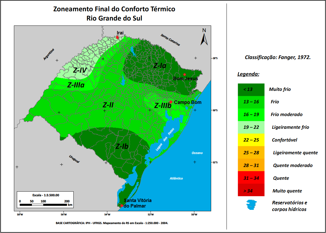 482 Zona IIIb Assim como a zona "IIIa", apresenta índice TEv e TR médios entre 16ºC e 19ºC, classificando-se na faixa de sensação térmica de "Frio Moderado", porém ocupando uma pequena parte da