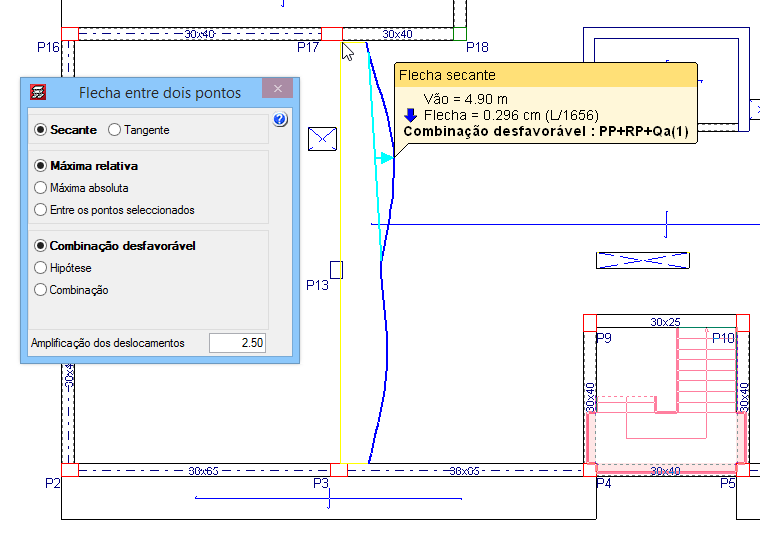 171 Fig. 1.358 Prima em dois pontos da laje, o programa informa sobre o valor da flecha para a combinação mais desfavorável, desde que essa opção esteja activa. Fig. 1.359 Relativamente à análise dos esforços, no separador Resultados prima no menu Envolventes> Esforços em nós de l.