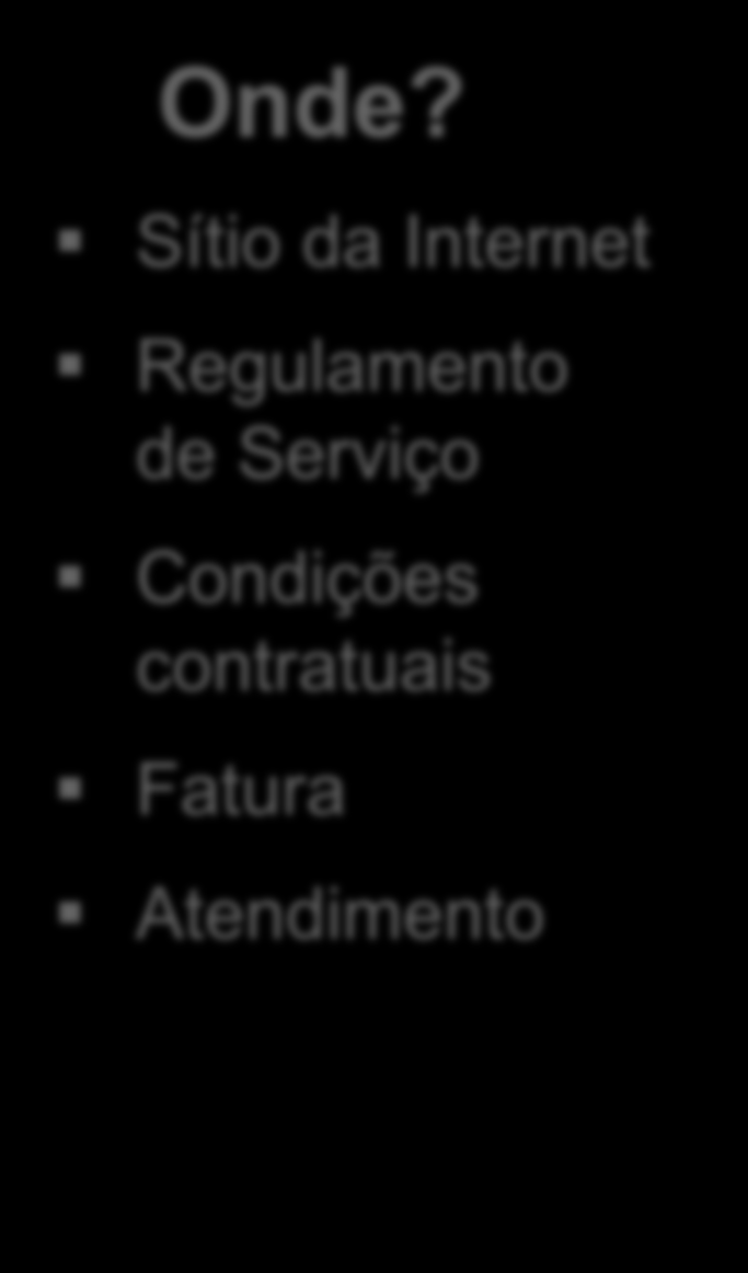 Obrigações legais de prestação de informação Onde? Sítio da Internet Regulamento de Serviço Condições contratuais Fatura Atendimento O quê?