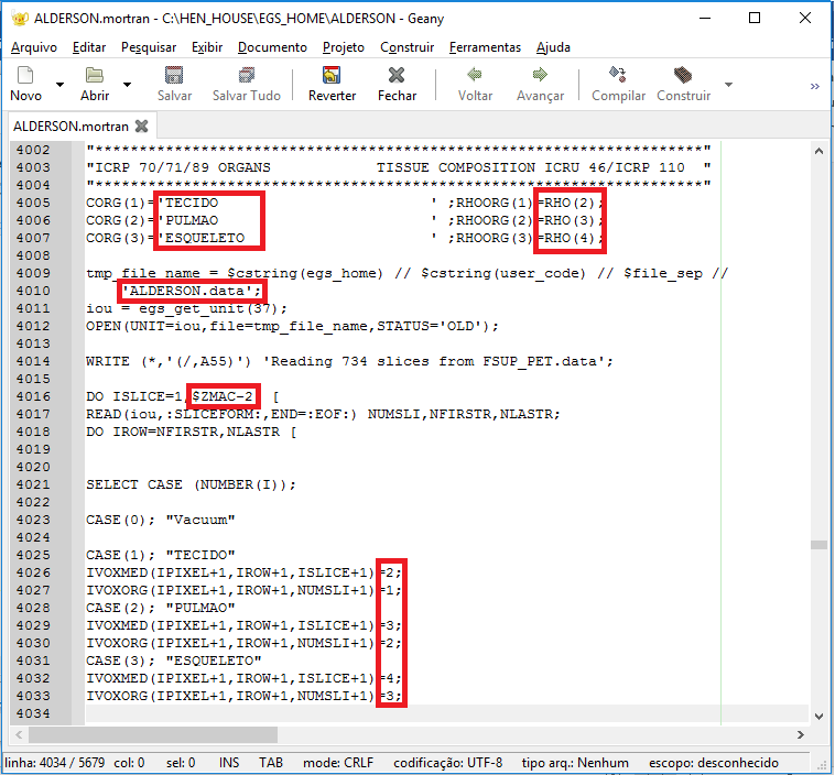 Conhecendo os meios presentes no fantoma Alderson-Rando foi possível preencher o menu PEGS Data da interface do EGSnrc onde as densidades de elementos e compostos químicos foram selecionados numa