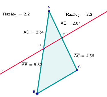 após marca-se um ponto D pertencente ao segmento AB e pede-se a reta (r) paralela ao segmento BC passando pelo ponto D, logo será denotado por E a interseção de r com o segmento AC.