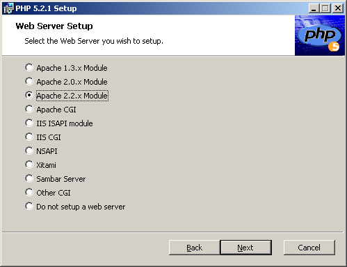 INSTALANDO O PHP 5.2.1 Arquivo de instalação: php-5.2.1-win32-installer.