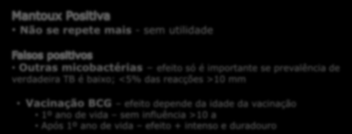 Tuberculose Latente - Diagnóstico Prova de Mantoux Teste de detecção do Interferão-gama (IGRA) Não se repete mais - sem utilidade Outras micobactérias efeito só é importante se prevalência de
