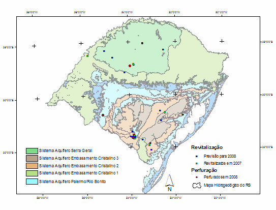 Figura 1: Mapa Hidrogeológico do RS (modificado de Machado e Freitas, 2005) com os poços
