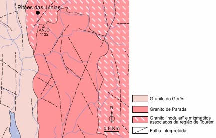 gnaisses e migmatitos - Granito "nodular" e migmatitos associados da rigião de Tourém; junto ao marco geodésico do Anjo, granito de duas micas, essencialmente moscovítico, de grão médio - Granito de