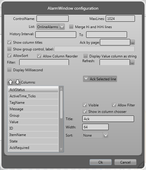 6. Componentes do BlueWave Figura 6-82. Configuração da Janela de Alarme Control Name: Nome qualquer dado ao controle. É utilizado via CodeBehind para relacionar o objeto gráfico a uma classe.net.