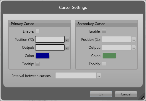 6. Componentes do BlueWave Figura 6-84. Cursor Settings Cursor Settings Enable (exclusivo secundário): Quando marcada habilita outro cursor vertical.