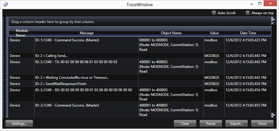 TraceWindow 6. Componentes do BlueWave A TraceWindow é usada para capturar as mensagens dos módulos de Runtime do BlueWave conforme ilustrado na Figura 6-122.