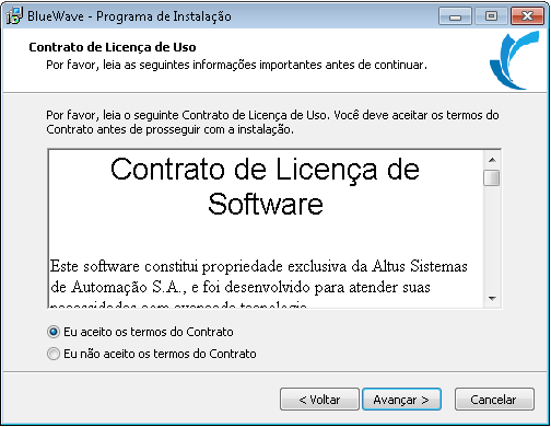 4. BlueWave Figura 4-2. Tela de Entrada A tela do contrato de licença que aparecerá deve ser lida atentamente. Caso os termos da licença sejam aceitos, selecionar a opção para continuar a instalação.