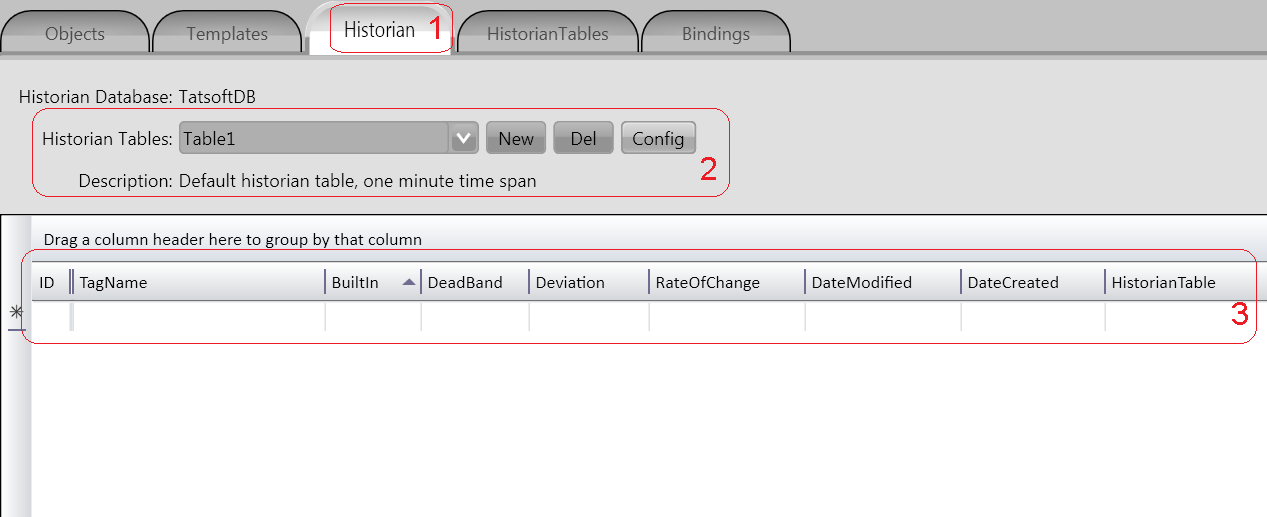 Edição de Historiador TagName DeadBand Os itens que compõem a tabela de edição de historiador estão numerados na figura anterior e são descritos na sequência: 1.