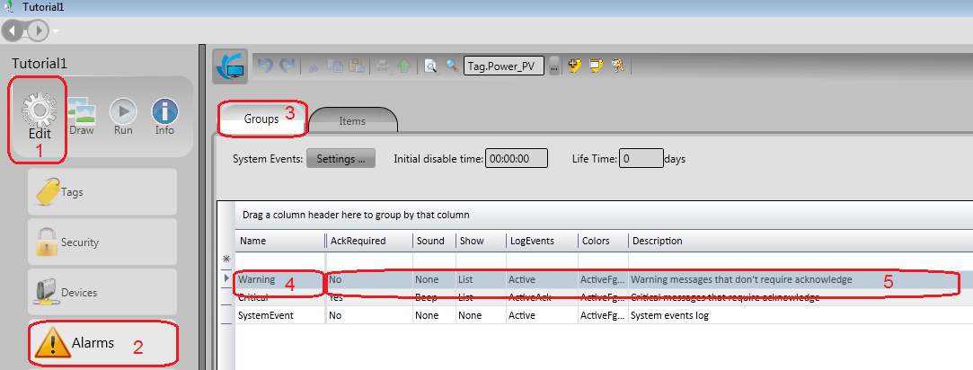 Grupos de Alarme 6. Componentes do BlueWave Reconhecer todos os alarmes: pode-se usar a propriedade <Alarm.AckAll> que reconhece todos os alarmes configurados em um projeto com <Edit.Alarms.Items>.