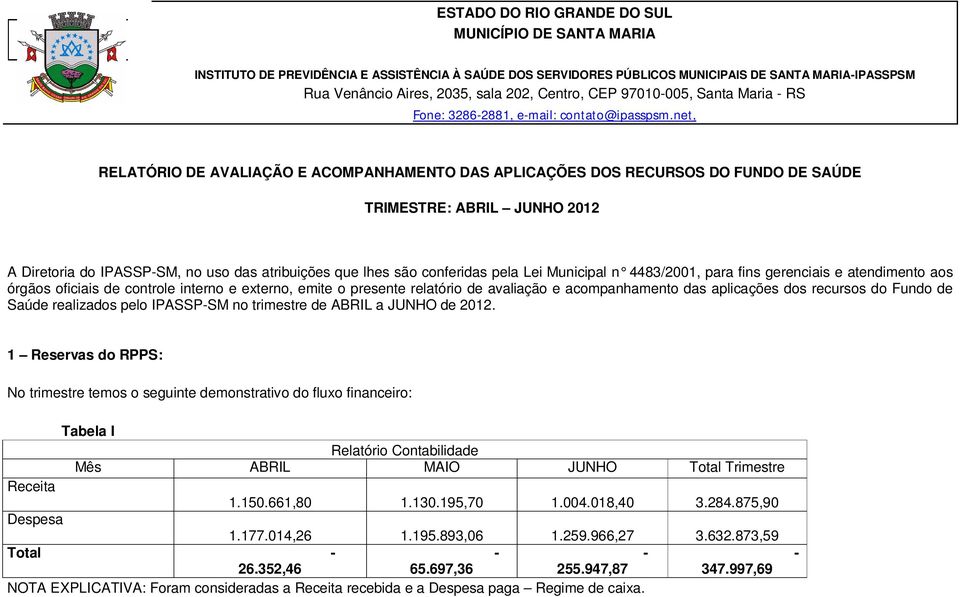 net, RELATÓRIO DE AVALIAÇÃO E ACOMPANHAMENTO DAS APLICAÇÕES DOS RECURSOS DO FUNDO DE SAÚDE TRIMESTRE: ABRIL JUNHO 2012 A Diretoria do IPASSP-SM, no uso das atribuições que lhes são conferidas pela