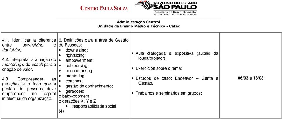 Definições para a área de Gestão de Pessoas: downsizing; rightsizing; empowerment; outsourcing; benchmarking; mentoring; coaches; gestão do conhecimento; gerações: