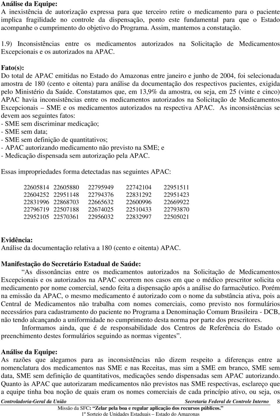 Do total de APAC emitidas no Estado do Amazonas entre janeiro e junho de 2004, foi selecionada amostra de 180 (cento e oitenta) para análise da documentação dos respectivos pacientes, exigida pelo